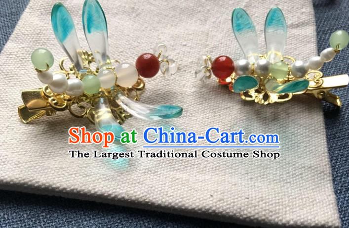 Chinese Ancient Women Blue Dragonfly Hair Claws Handmade Hairpin Headwear Hanfu Hair Accessories Pearls Hair Stick
