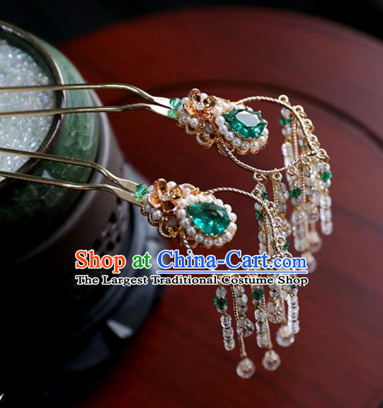Chinese Ancient Green Crystal Hair Clips Headwear Women Hair Accessories Ming Dynasty Beads Tassel Hairpin