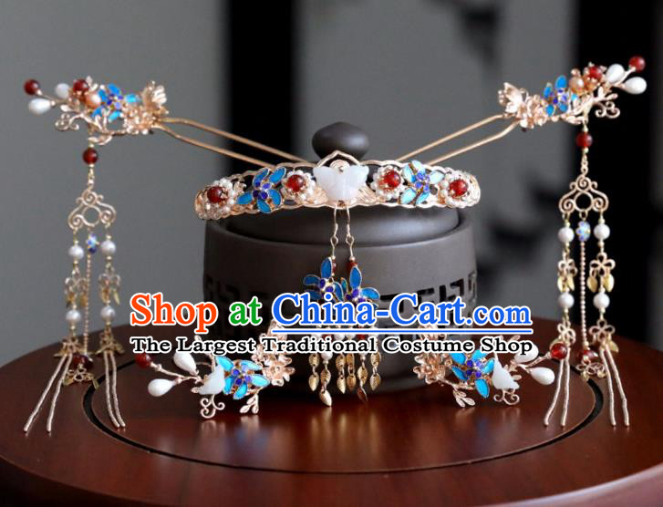 Chinese Ancient Cloisonne Hair Clips Headwear Women Hair Accessories Ming Dynasty Court Hair Comb Hairpin Complete Set