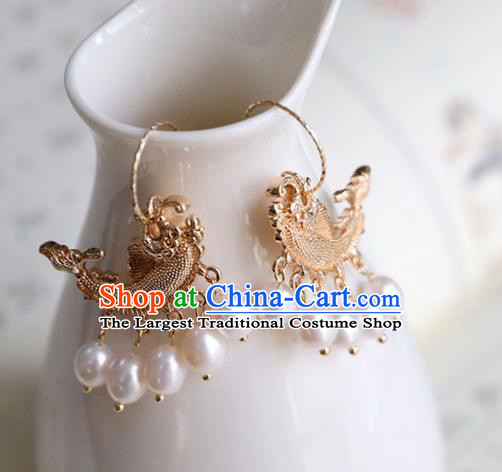 Chinese Ancient Hanfu Golden Carp Earrings Women Jewelry Ming Dynasty Ear Accessories