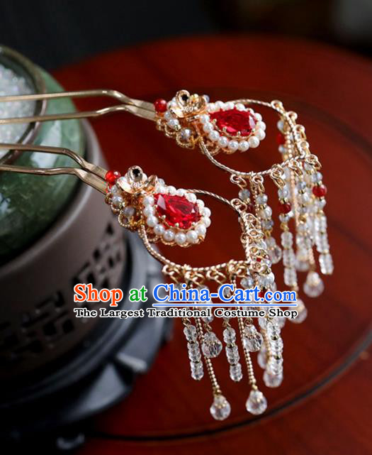 Chinese Ancient Princess Red Crystal Hair Clips Ming Dynasty Headwear Women Hair Accessories Tassel Hairpins