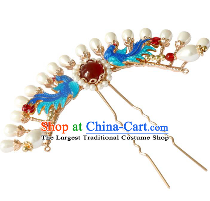 Chinese Ancient Queen Cloisonne Phoenix Hairpin Headwear Women Hair Accessories Ming Dynasty Court Hair Clip