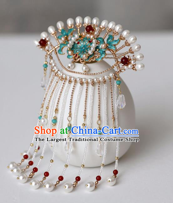 Chinese Ancient Pearls Tassel Green Hairpin Headwear Women Hair Accessories Ming Dynasty Court Cloisonne Hair Clip