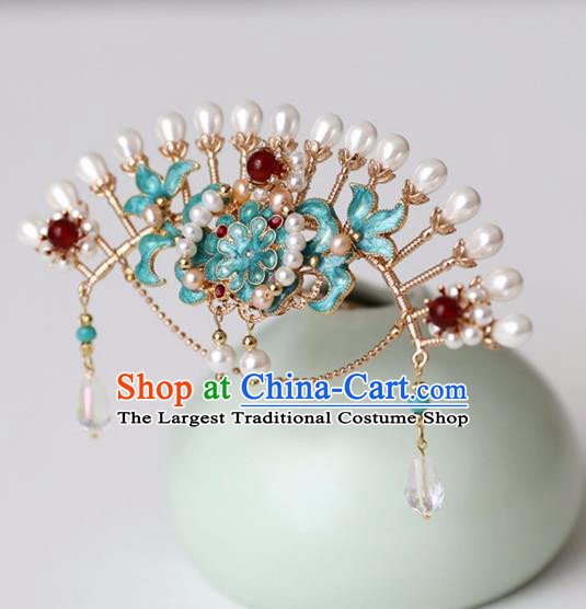 Chinese Ancient Pearls Green Hair Crown Headwear Women Hair Accessories Ming Dynasty Court Cloisonne Hairpin