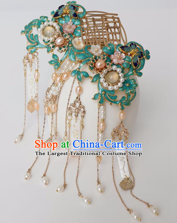 Chinese Ancient Ming Dynasty Cloisonne Hairpin Headwear Women Hair Accessories Pearls Tassel Hair Comb