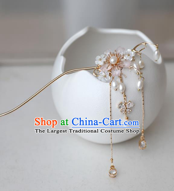 Chinese Ancient Pink Flower Hanfu Hair Clip Headwear Women Hair Accessories Ming Dynasty Pearls Tassel Hairpin