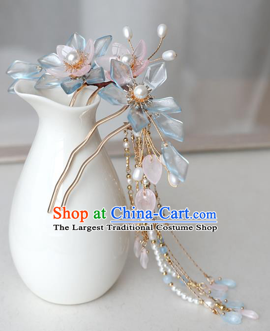 Chinese Ancient Hanfu Blue Flowers Hair Comb Headwear Women Hair Accessories Tassel Hairpin