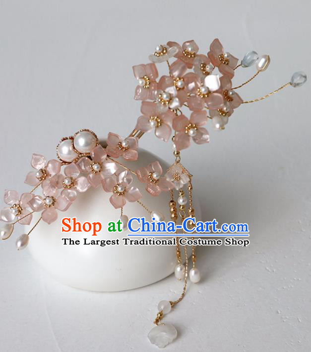 Chinese Ancient Ming Dynasty Pink Flowers Hairpin Headwear Women Hair Accessories Tassel Hair Clip