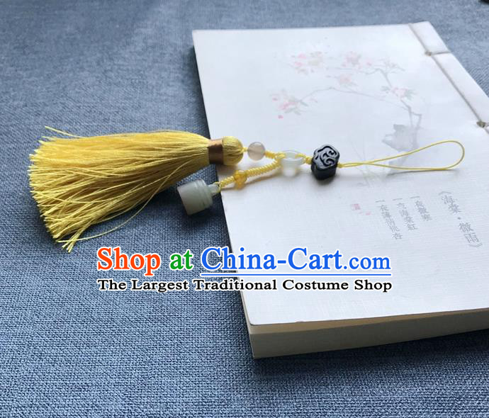 Chinese Ancient Hanfu Yellow Tassel Pendant Jade Seal Cloud Lappet Jewelry Brooch Accessories