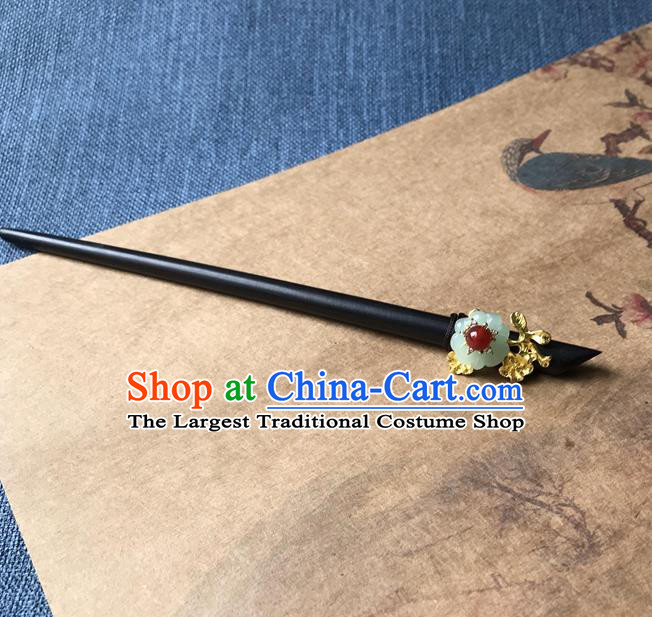 Chinese Ancient Women Green Jade Plum Hair Clip Handmade Hanfu Hair Accessories Ebony Hairpin Headwear
