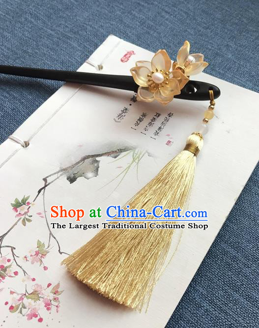 Chinese Ancient Women Yellow Flowers Hair Clip Handmade Headwear Hanfu Hair Accessories Ebony Hairpin