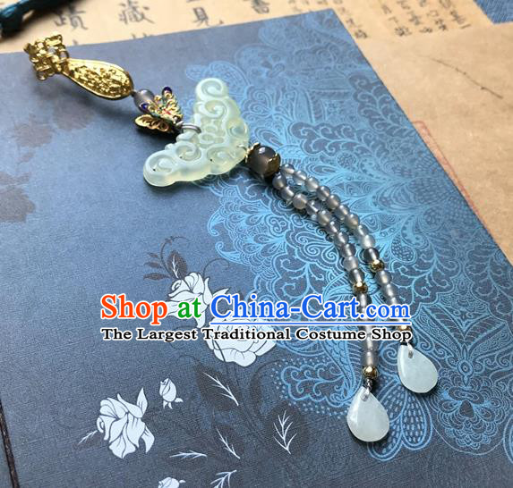 Chinese Ancient Hanfu Grey Beads Tassel Pendant Jade Lappet Brooch Jewelry Carving Jade Accessories