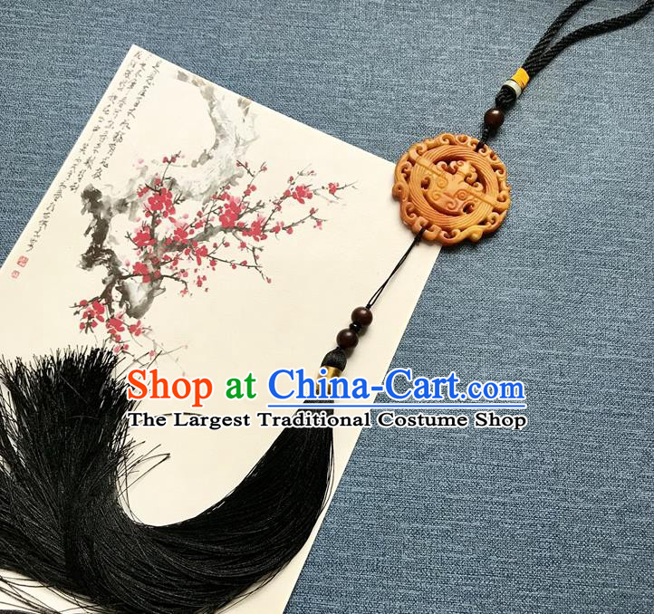 Chinese Ancient Hanfu Black Tassel Pendant Yellow Jade Carving Brooch Jewelry Accessories Lappet