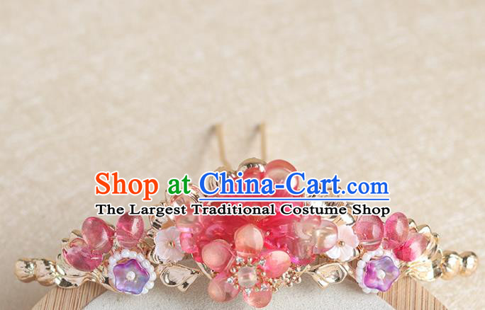 Chinese Ancient Hanfu Hair Accessories Women Red Flowers Hairpin Headwear Hair Crown