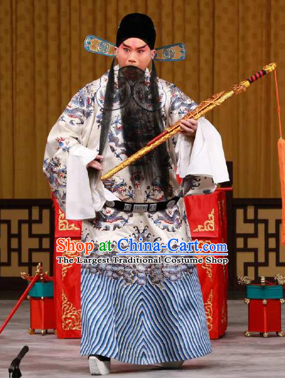 Chinese Peking Opera Laosheng Garment the Fourth Son Visits His Mother Old Male Apparel Costumes Python Embroidered Robe and Headwear