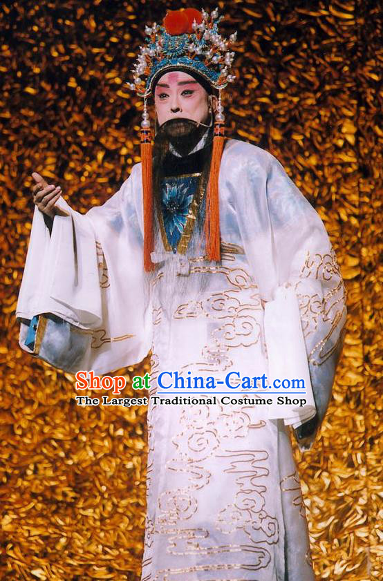 Chinese Peking Opera Old Male Apparel the Royal Consort of Tang Costumes Emperor Xuanzong White Ceremonial Robe Garment and Headwear