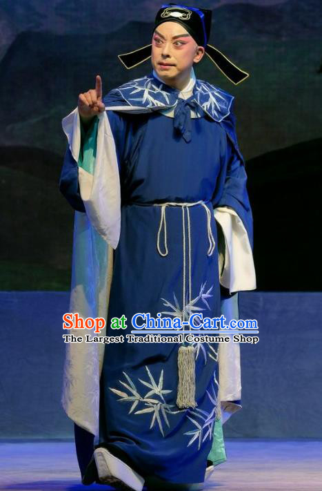 Chinese Cantonese Opera Young Men Xiaosheng Garment Princess Chang Ping Costumes Niche Zhou Shixian Blue Apparels and Hat