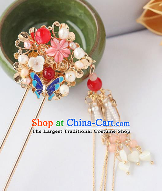 Chinese Ancient Blueing Tassel Hair Clip Hanfu Hair Accessories Ming Dynasty Women Headwear Pearls Hairpin