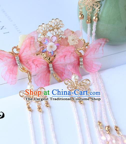 Chinese Ancient Hanfu Pink Silk Butterfly Hair Claws Hair Accessories Women Headwear Tassel Hair Stick Hairpins
