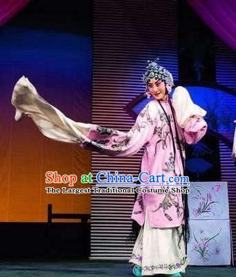 Chinese Beijing Opera Hua Tan Printing Orchid Pink Dress Apparel The Dream in Lady Chamber Peking Opera Garment Costumes and Headpieces