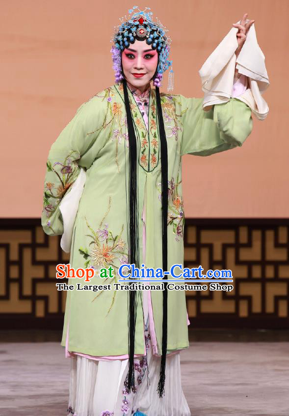 Traditional Chinese Peking Opera Young Lady Green Cape Dress Apparel The Dream in Lady Chamber Diva Costumes Garment and Headwear