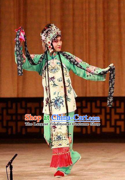 Chinese Traditional Peking Opera the Wandering Dragon Toys with the Phoenix Costumes Apparel Li Fengjie Green Garment and Headwear