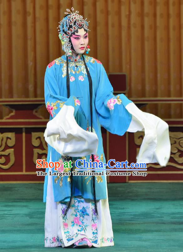 Traditional Chinese Peking Opera Female Actor Garment Dress Return of the Phoenix Hua Tan Costumes Blue Dress and Headdress