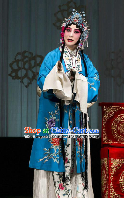 Traditional Chinese Peking Opera Garment Return of the Phoenix Hua Tan Costumes Blue Dress Cape and Headdress Complete Set