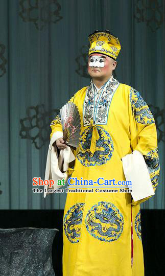 Chinese Beijing Opera Chou Role Costumes Garment Peking Opera Return of the Phoenix Apparels Clown Yellow Robe and Hat