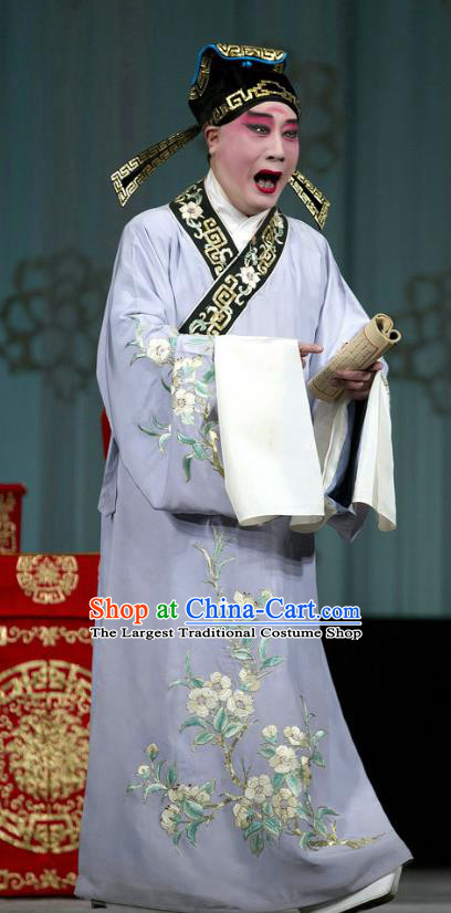 Chinese Beijing Opera Young Male Costumes Garment Peking Opera Return of the Phoenix Apparels Scholar Purple Robe and Hat