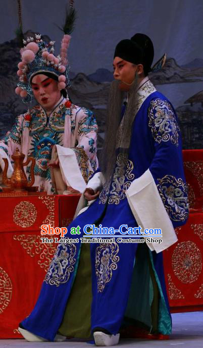 Chinese Peking Opera Costumes Garment Peking Opera Lv Bu and Diao Chan Old Men Apparels Blue Robe and Headwear