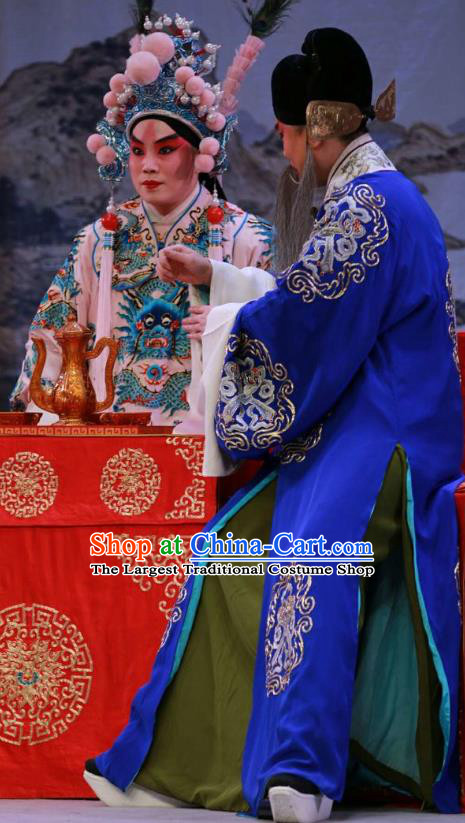 Chinese Peking Opera Costumes Garment Peking Opera Lv Bu and Diao Chan Old Men Apparels Blue Robe and Headwear