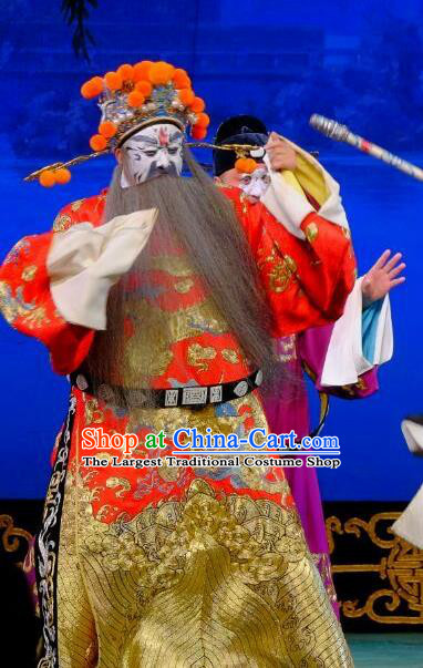 Chinese Peking Opera Dong Zhuo Official Costumes Garment Lv Bu and Diao Chan Elderly Male Apparels Red Python Embroidered Robe and Headwear