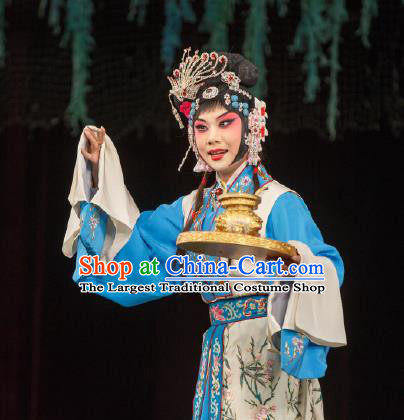 Chinese Peking Opera Hua Dan Garment Costumes Traditional Lv Bu and Diao Chan Apparels Diva Blue Dress and Headwear