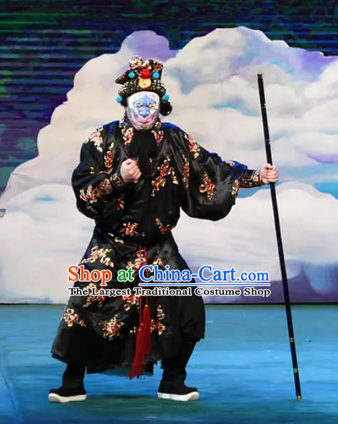 Chinese Peking Opera Havoc In Heaven Martial Men Monkey King Costumes Sun Wukong Black Garment Apparels and Headdress