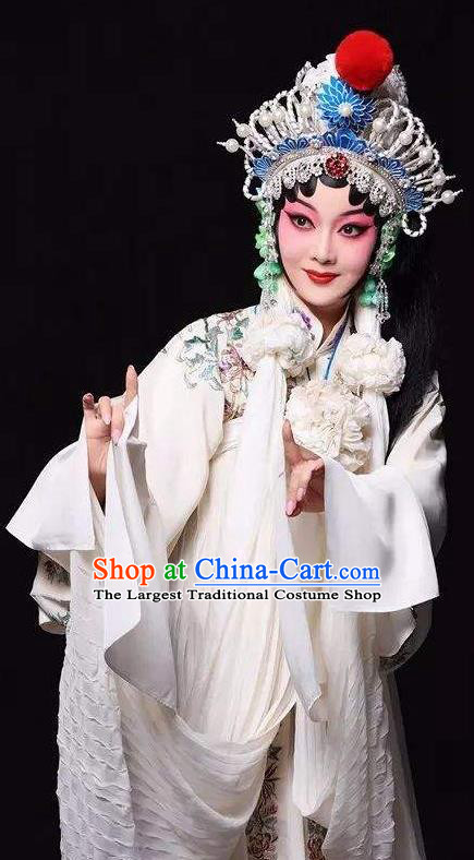 Chinese Traditional Henan Opera Legend of the White Snake Costumes Peking Opera Apparel Hua Tan Bai Suzhen Garment and Headwear