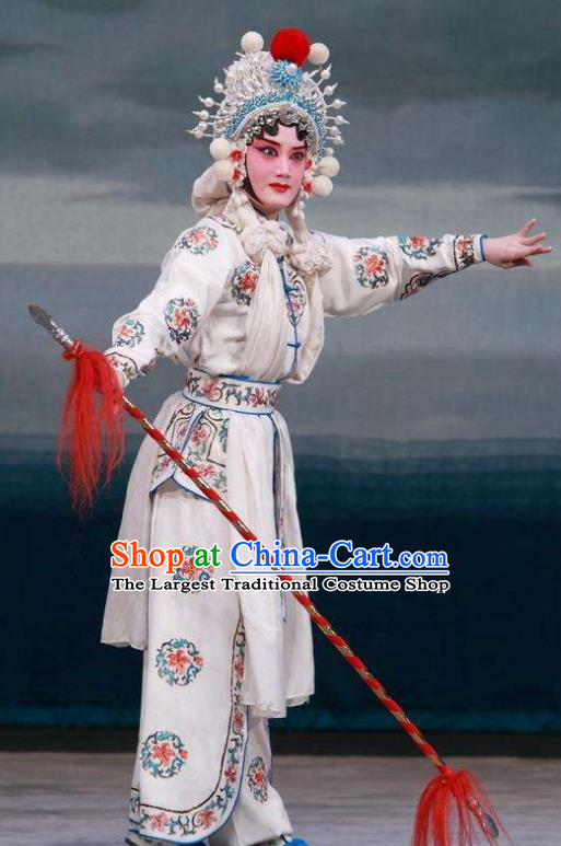 Traditional Chinese Henan Opera Legend of the White Snake Costumes Peking Opera Martial Female Apparel Wudan White Garment and Headwear