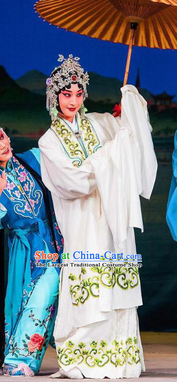 Traditional Chinese Henan Opera Legend of the White Snake Bai Suzhen Costumes Peking Opera Apparel Hua Tan Garment and Headdress