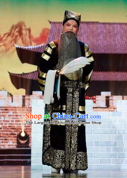 Chinese Beijing Opera Elderly Male Apparels Garment Peking Opera the Empty City Stratagem Zhuge Liang Black Costumes and Hat