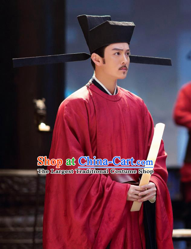 Ancient Chinese Official Historical Garment Song Dynasty Drama Serenade of Peaceful Joy Chancellor Han Qi Costumes Vestment and Hat Complete Set