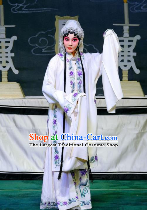 Chinese Traditional Peking Opera Sad Lady Garment Costumes Yangmen Female General Tsing Yi Mu Guiying White Apparels and Headwear