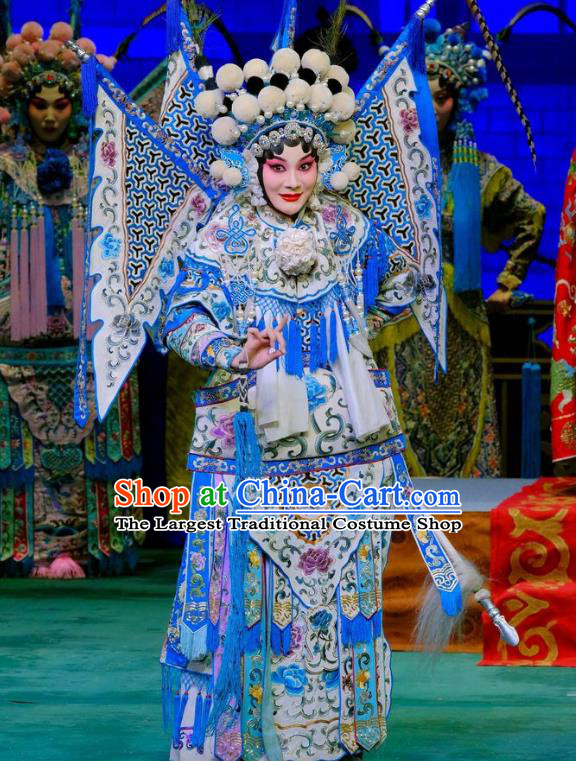 Chinese Traditional Peking Opera Garment Costumes Yangmen Female General General Kao Armor Suit with Flags Apparels and Headwear