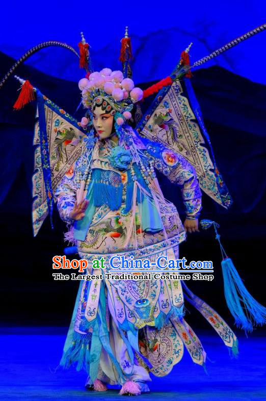 Chinese Traditional Yangmen Female General Peking Opera Blues Garment Costumes Apparels Mu Guiying Kao Armor Suit with Flags and Headwear