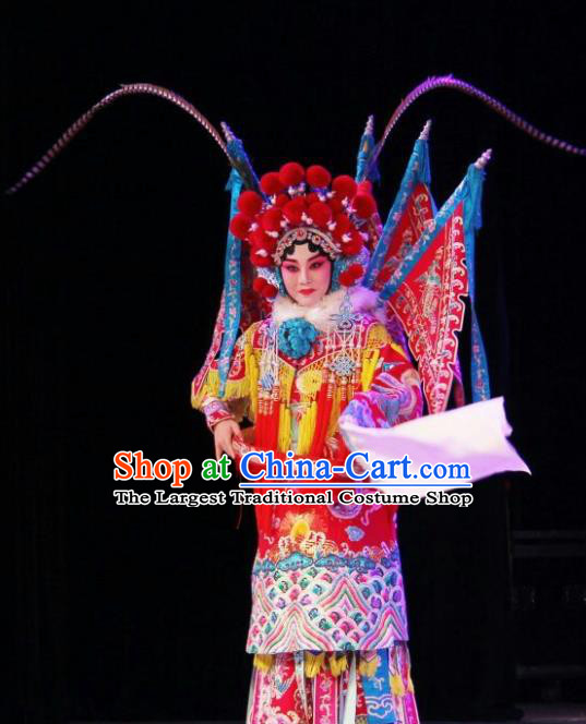 Chinese Traditional Peking Opera Blues Costumes Wujiapo Martial Female General Red Kao Armor Suit with Flags Apparels Garment and Headdress