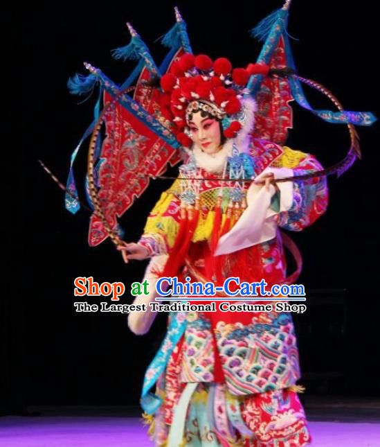 Chinese Traditional Peking Opera Blues Costumes Wujiapo Martial Female General Red Kao Armor Suit with Flags Apparels Garment and Headdress