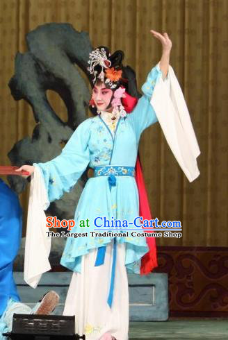 Traditional Chinese Peking Opera Xiao Dan Apparels Hong Niang Garment Matchmaker Actress Blue Dress Costumes and Headpieces