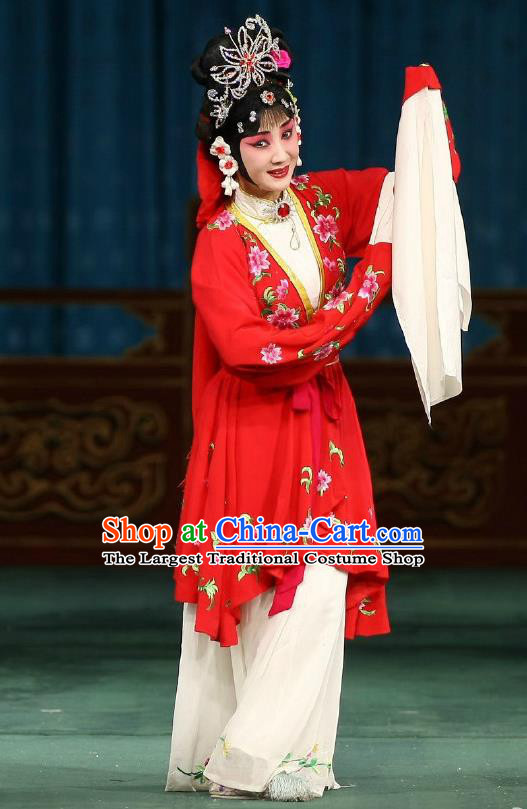 Traditional Chinese Peking Opera Matchmaker Apparels Hong Niang Costumes Young Actress Red Dress Garment and Headpieces
