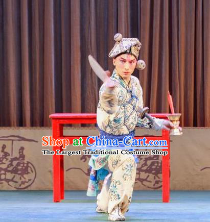 Chinese Peking Opera Wusheng Apparels Costumes San Cha Kou Takefu Martial Men Garment and Headwear