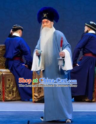 Chinese Peking Opera Old Scholar Apparels Costumes Four Scholars Lao Sheng Elderly Men Garment Blue Robe and Hat