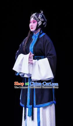 Traditional Chinese Peking Opera Distress Maiden Apparels Garment Four Scholars Actress Tsing Yi Navy Dress Costumes and Headwear